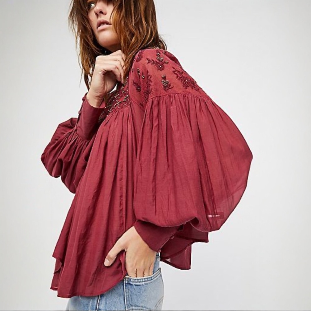 Free People Mesh Beaded Embroidered Balloon Sleeve
Tie Back Blouse. - Picture 3 of 16